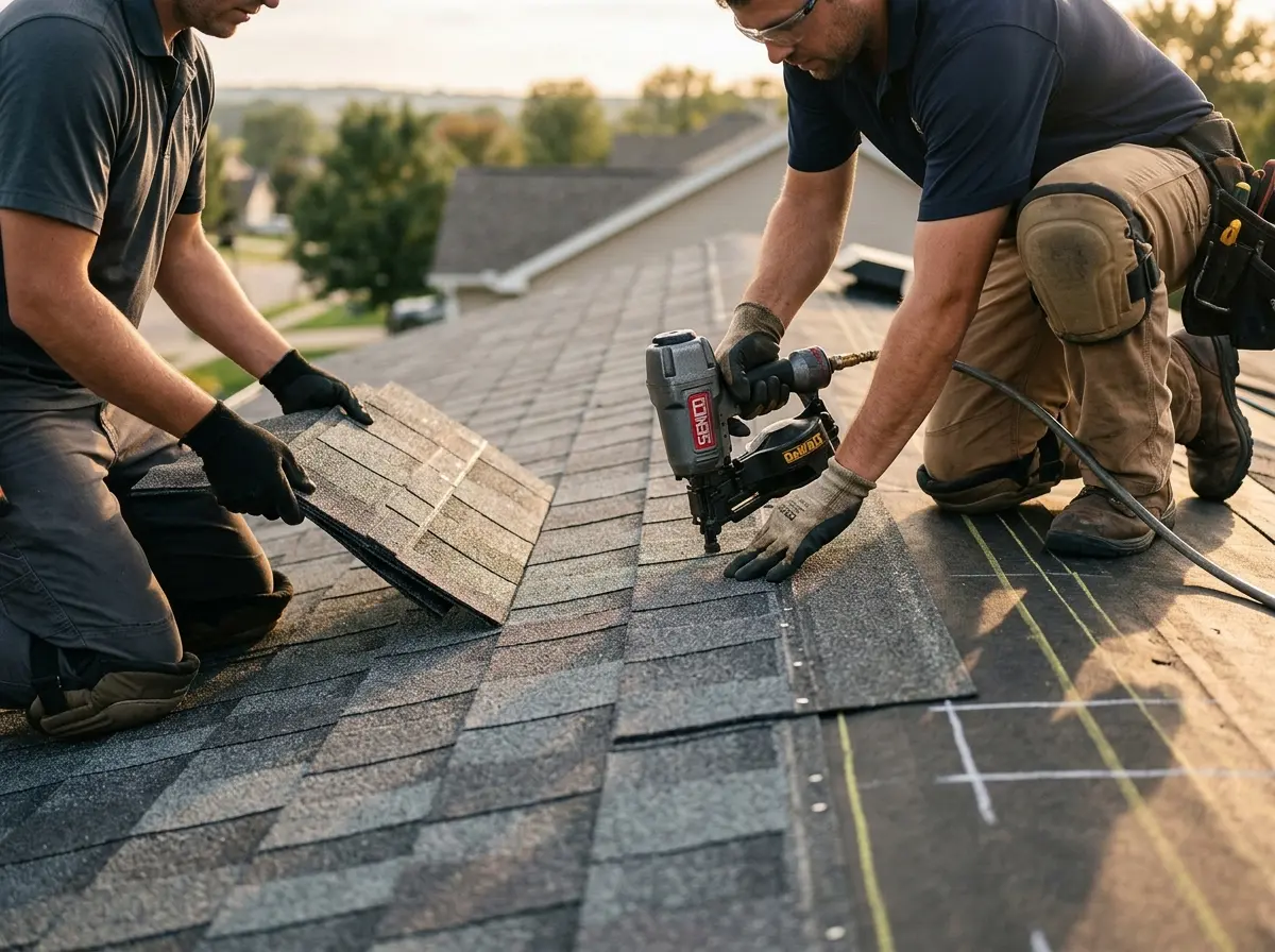 Professional roofer working on a residential roof in Wimauma